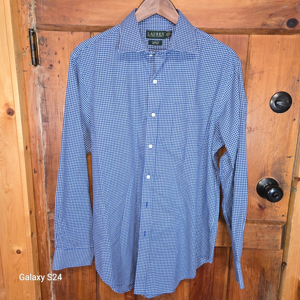 Lauren Ralph Lauren Mens Blue White Micro Check Non Iron Dress Shirt 16.5 34/35 - Picture 3 of 4
